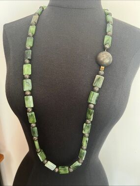 Kate Hines Long Green lucite Bead Statement Necklace -